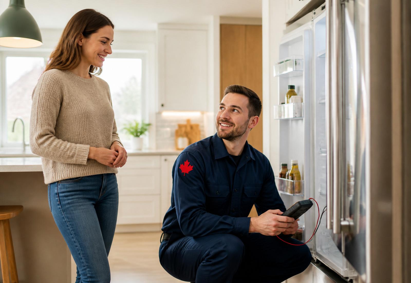 Red River technician diagnosing a refrigerator with a homeowner in a bright Winnipeg kitchen